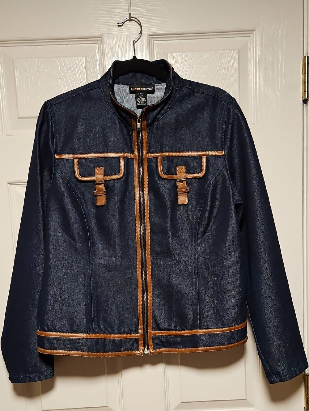 Metrostyle Navy Denim Jacket with Brown Trim
